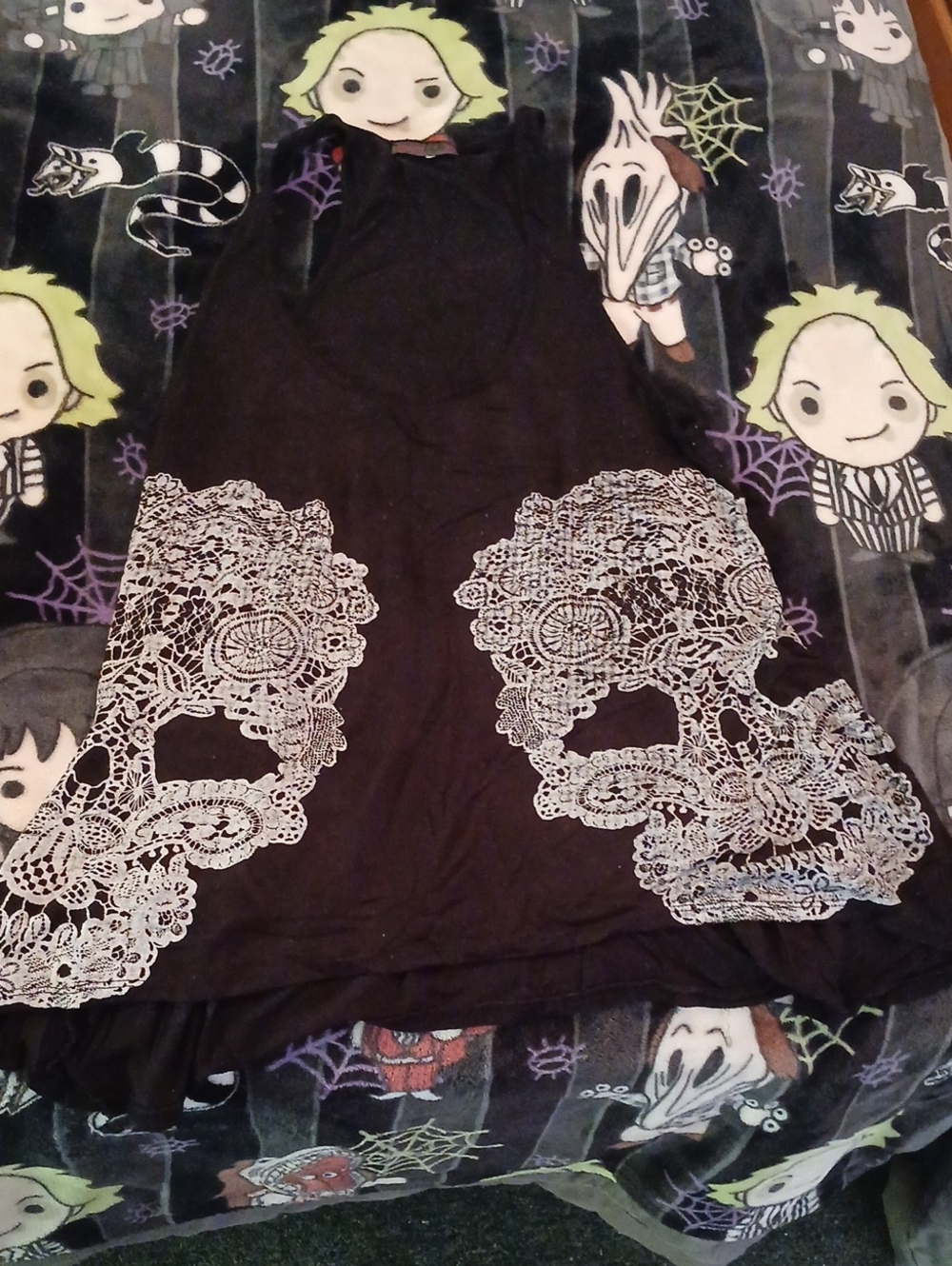 Joyce Leslie Black Tank Top with White Lace Skull Appliqués